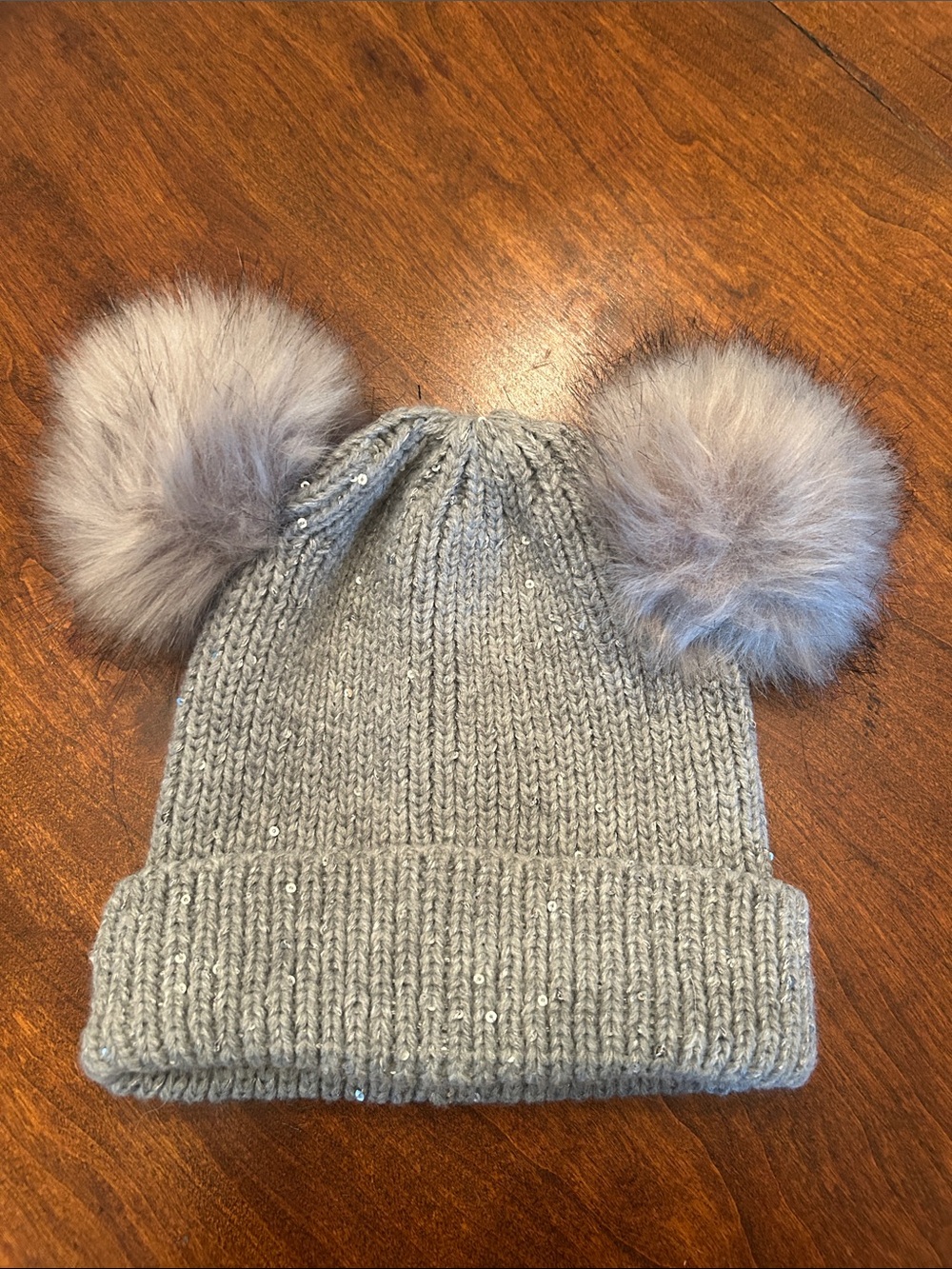 Scala Pronto Gray Knit Beanie with Faux Fur Pom-Poms